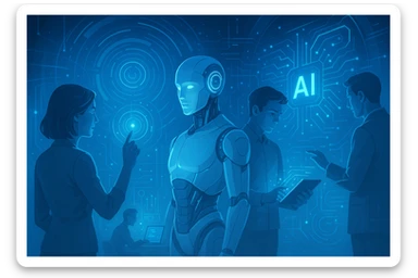 AI and People, futuristic, glowing elements, sleek design, blue and silver tones sticker