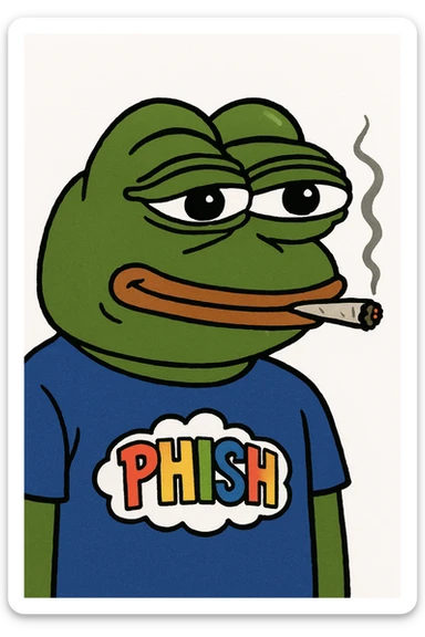 Pepe the Frog smoking a joint, wearing a shirt with the Phish rainbow logo sticker