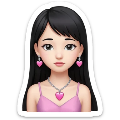 Cabelos pretos longos lisos ,com franja curvada .olhos pretos puxadinho para cima. Cílios longos curvados. Pele clara ,nariz pequeno ,lábios carnudos ,adolescente 16 anos ,vestido rosa de alça, colar de coração prata ,brinco de diamante sticker