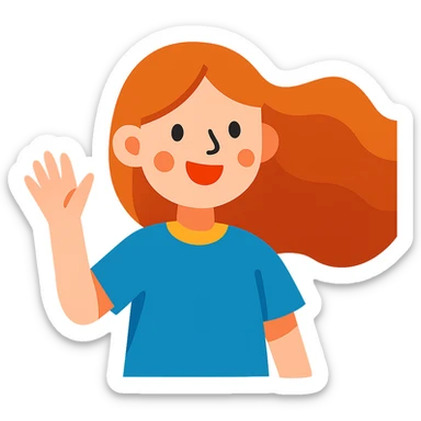 smiling girl with long, waving hair and white skin sticker