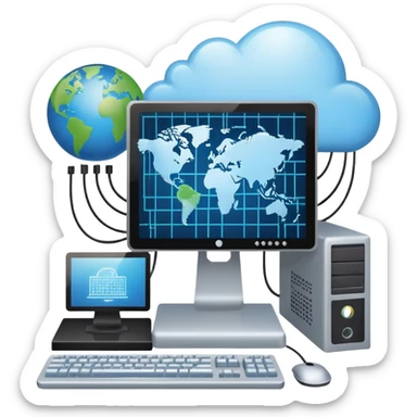 An icon featuring a computer monitor displaying code, a globe with network nodes, and a circuit board, symbolizing IT. The design includes data streams, cloud storage, and a keyboard, representing digital innovation, connectivity, and problem-solving. Transparent background sticker