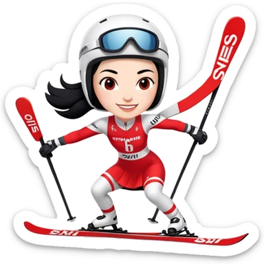 Ski racer downhill squat woman red white dress written Stephanie on the dress Ski Head lettering black hair smile sticker