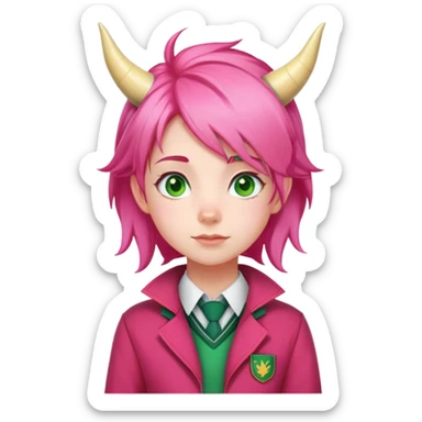 Anya Forger from Spy x Family, cute little girl with pink hair styled with two horn-like tufts, green eyes, cheerful expression, wearing Eden Academy school uniform with red jacket sticker