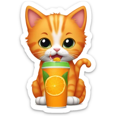 Orange kitten drinking a juice box sticker
