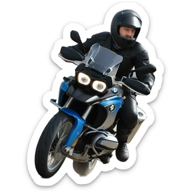 motorcycle bmw gs 1250 black and male rider on bike dark hair blue eyes sticker