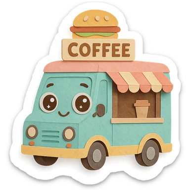 adorable mobile coffee truck, full body, pastel colors, big sparkling eyes sticker