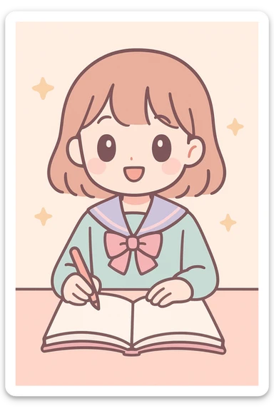 school girl in uniform studying, open book, cheerful, anime-inspired style sticker
