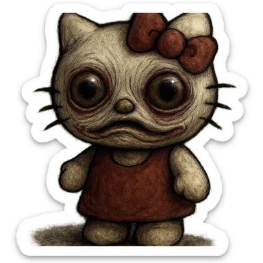 uncanny Hello Kitty with distorted face and unusual eyes, unsettling vibe sticker