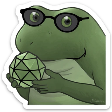 bufo with sharp, angular triangular black frame with dark grey smoked lenses, with a mini full dark powerful orb in his hand sticker