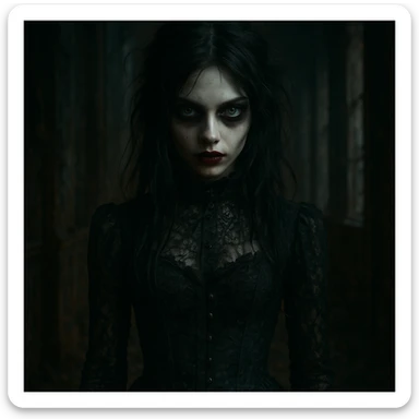 beautiful but scary girl, hauntingly attractive, dark gothic style, intense eyes, horror atmosphere sticker