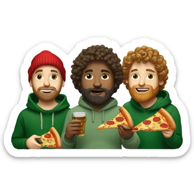 Three white dudes, one wearing a ribbed green sweater,another one is artsy and wears beanies and hoodies, and the other has curly hair and beard wears a linen shirt. They are eating pizza in lower Manhattan, and drinking Stella Artois sticker