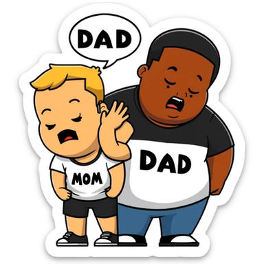 A fat short guy in a black hoodie with a ponytail is crying. Behind him are two black men, one wearing a white t-shirt with "MOM" text, the other wearing a white t-shirt with "DAD" text. sticker