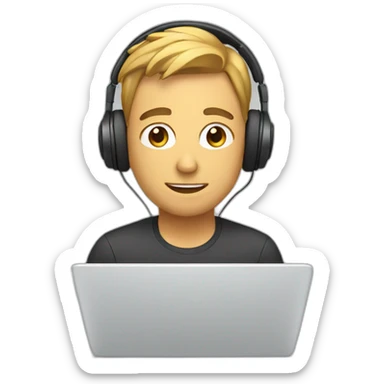 A MAN WITH HEADPHONES SITTING IN FRONT OF A LAPTOP sticker