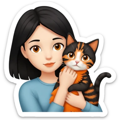 Medium-length black-haired girl holding a haired tabby cat sticker