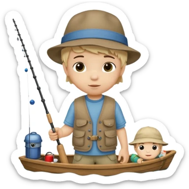 Little boy on the dock fishing, felt texture, scrapbooking, precious moments style character sticker