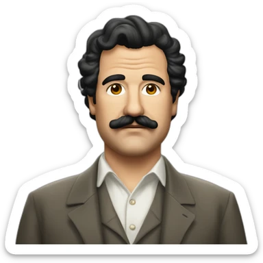 un hombre gordo, con un bigote, con pocos rulos, estilo Pablo Escobar sticker