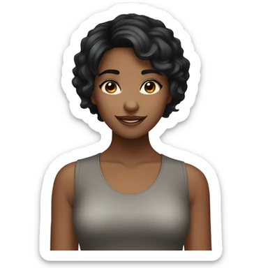 a balck short hair girl with big brown eyes and smily face sticker