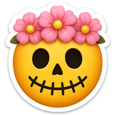 halloween yellow face with pink flower crown emoji, digital illustration, remove background sticker