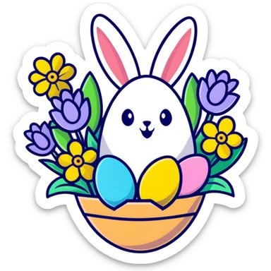 Easter bouquet with spring flowers and Easter egg sticker