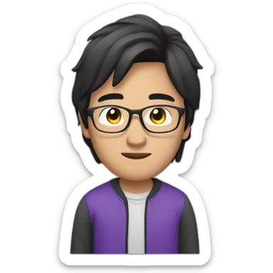 an asian guy with long black hair. Wearing glasses and a purple sweat sticker