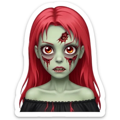 Garota zumbi com cabelo liso longo e mechas vermelhas na lateral da cabeça dos dois lados, usando uma blusa com manga caida preta sticker