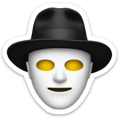A person in a white mask with yellow eyes and a black hat sticker