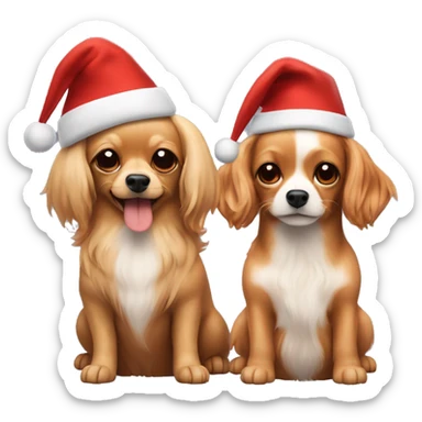 Two dogs hugging each other full-length. One is a long-haired beige Chihuahua with red streaks. The other is a red cocker spaniel. They are both wearing New Year's hats. sticker