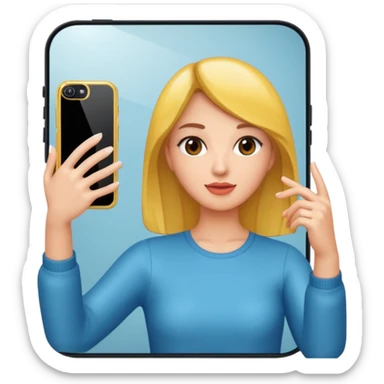 mirror reflection woman holding her phone having selfie sticker