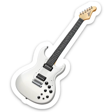 White electric guitar with sleek shiny body, black strings, and smooth neck sticker