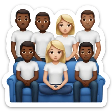 A white girl sitting on a couch with 10 black men in white shirts behind her  sticker