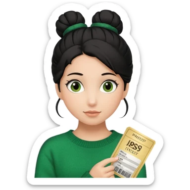 Девушка с ОДНИМ пучком чёрных волос, в зеленой кофте, с коричневыми глазами и с билетами в театр в руках sticker