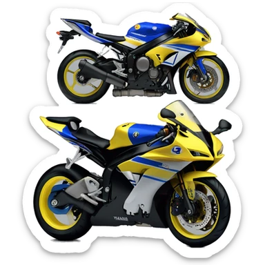 A 2009 Yamaha r1, blue and yellow fairings front view. Less yellow then blue. Black wheels sticker
