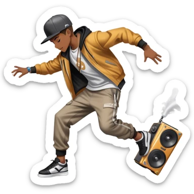 Icon for Street Dance: a dancer in urban streetwear performing a dynamic lower breakdance move, with a spray-painted background and a boombox on the asphalt. The icon should capture the energy, style, and creativity of street dance culture. Transparent background. sticker