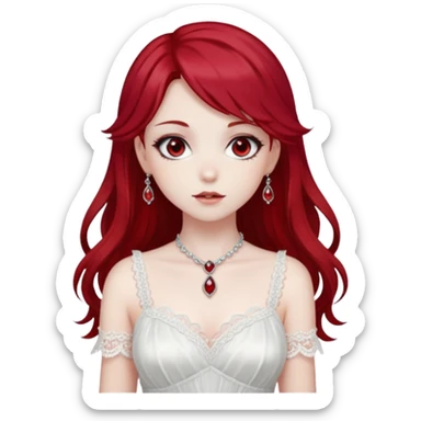 Beautiful shiny ethereal Gorgeous Anime Lady with dark hair and red hair streaks with a beautiful white silky lace dress and rubies and onyx gems  sticker