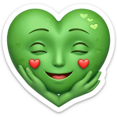 green face emoticon with closed eyes hugging a green heart, expressing care and support sticker