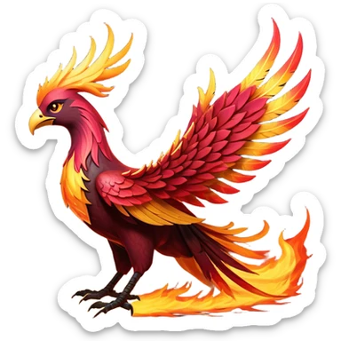 Cinematic Noble Battle-Hardened Mystical Fire Phoenix Portrait Emoji, with scorched, battle-scarred plumage in deep crimson, burnt gold, and smoldering ember hues. Its piercing eyes, hardened by countless conflicts, blaze with unyielding resolve and ancient wisdom. The elongated tail feathers bear vivid marks of fiery combat, rendered with lifelike texture and dynamic highlights, high shine, exuding an aura of mythic martial valor, focused and commanding, with a soft glowing outline that captures a phoenix forged in the fires of war. sticker