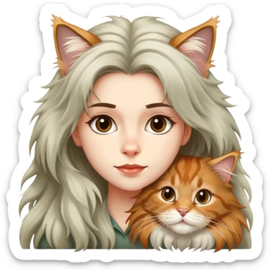 A cute Maine Coon cat crawled on the girl's head sticker