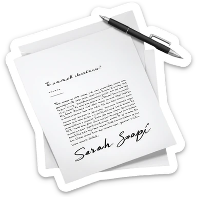 a paper letter with "TO SARAH" text written at the top of the letter, with a pen lying next to it sticker