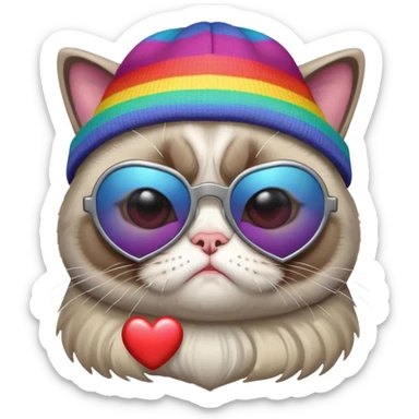 grumpy cat wearing a rainbow beanie and heart-shaped sunglasses sticker