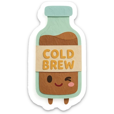 kawaii glass cold brew bottle, full body, winking, soft pastel colors sticker