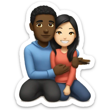 Black guy and Asian girl cuddle near by fireplace  sticker