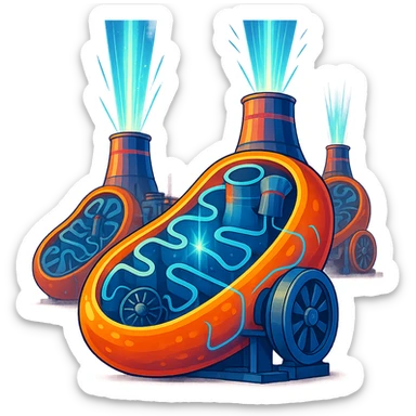 mitochondria as futuristic nuclear power plants, visible energy beams and turbines, bright colors, modern illustrative style inspired by DALL·E 3, clear background, focus on mitochondria-nuclear power plant only sticker