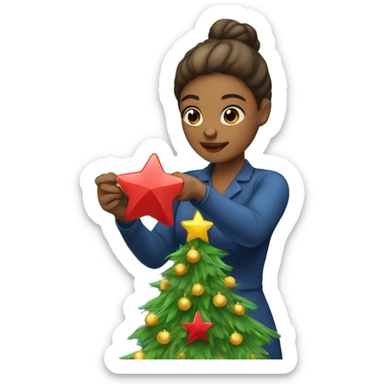 woman putting star on christmas tree sticker