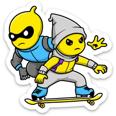 yellow guy showing off his fabulous outfit combining prince, alien, terminator, skater, skiier, and wizard elements, making a weird face, stylish and fabulous sticker