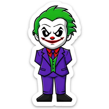 The Joker villain full body with green hair, purple suit, white face, red lips, sinister smile sticker