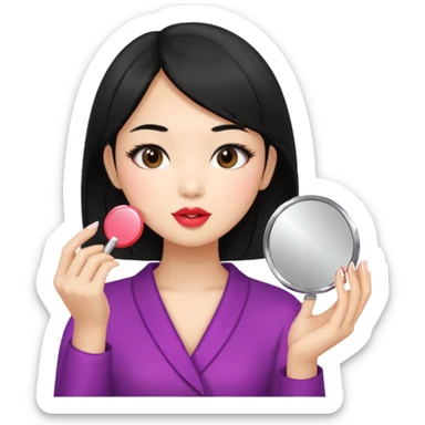 black haired asian girl putting on lipgloss while holding a compact mirror sticker