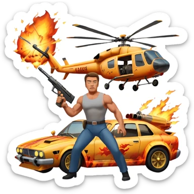 Icon for Action Movies: Arnold Schwarzenegger in the lead role, in an intense action pose with weapons, explosions, a car and helicopter flying out of flames in the background. The design should capture the explosive energy and heroism of classic action films. Transparent background. sticker