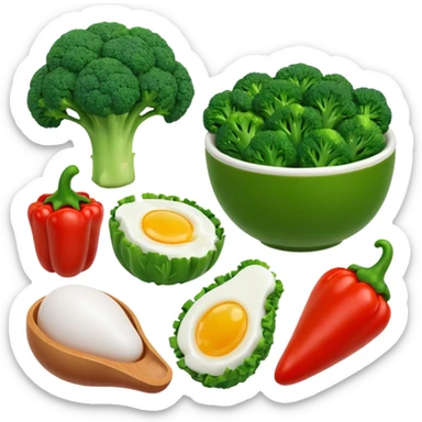3D food emoji, glossy, smooth shapes, premium style,
broccoli, red bell pepper, rice bowl, chicken breast,
boiled eggs, vitamins bottle,
light warm background
 sticker