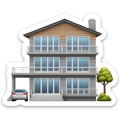 Generate a modern looking house, with grey wood panels on the outside, 2 floors sticker