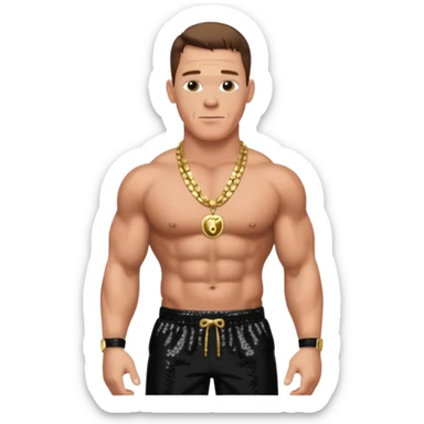 John Cena with black sequin baggy pants, shirtless with necklace, brown hair sticker